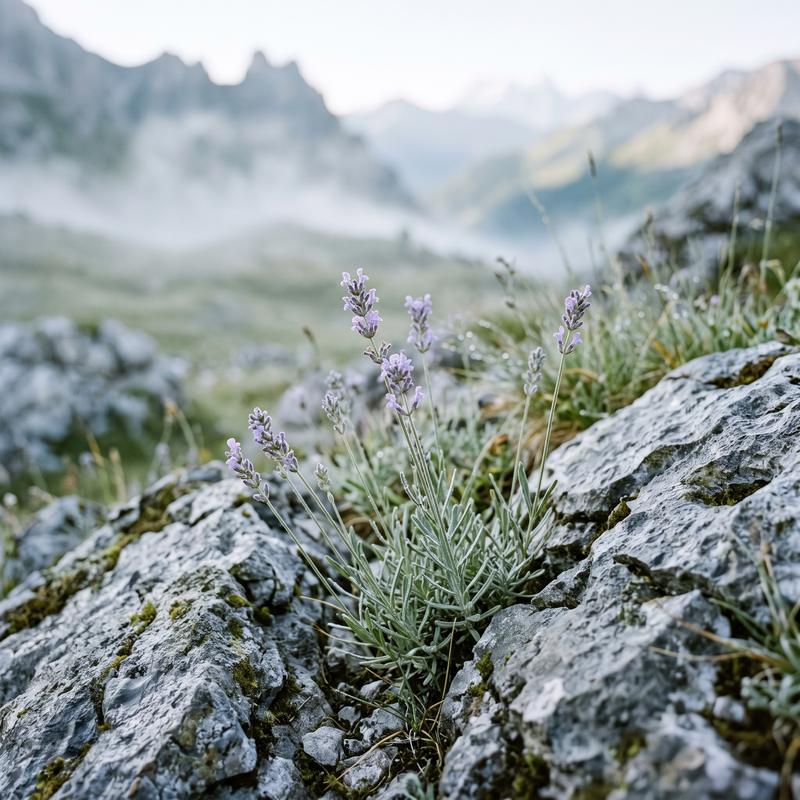 Divlja lavanda među planinskim kamenjem u jutarnjoj izmaglici