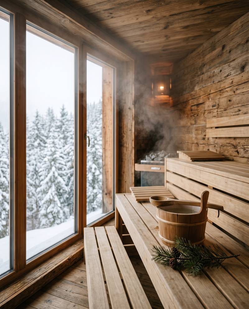 Drvena sauna u planinskoj kolibi s prozorom na snijegom pokrivenu borovu šumu