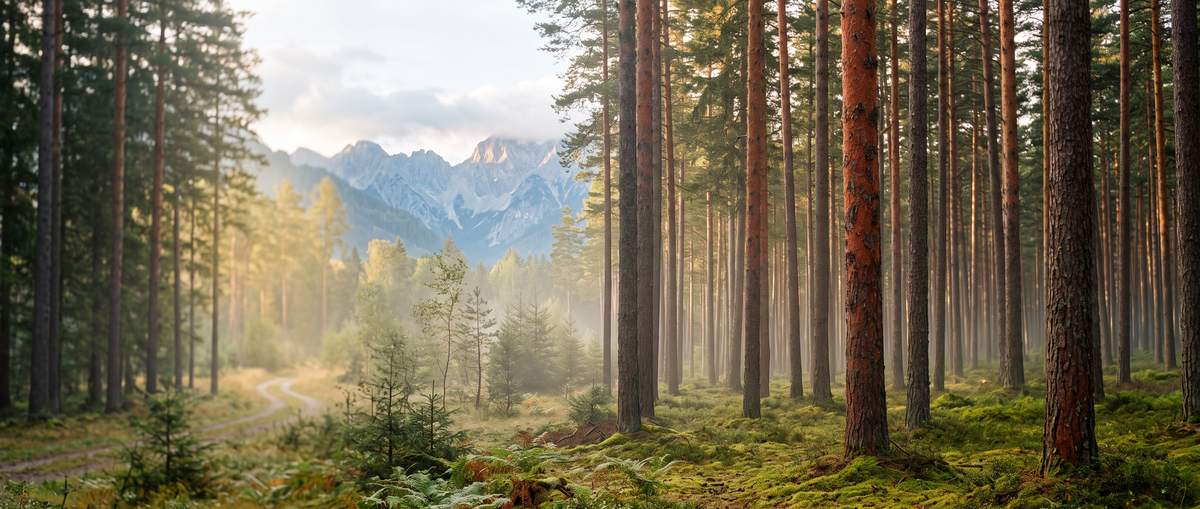 Stara borova šuma s maglom i zrakama jutarnjeg sunca ispod planinskog grebena