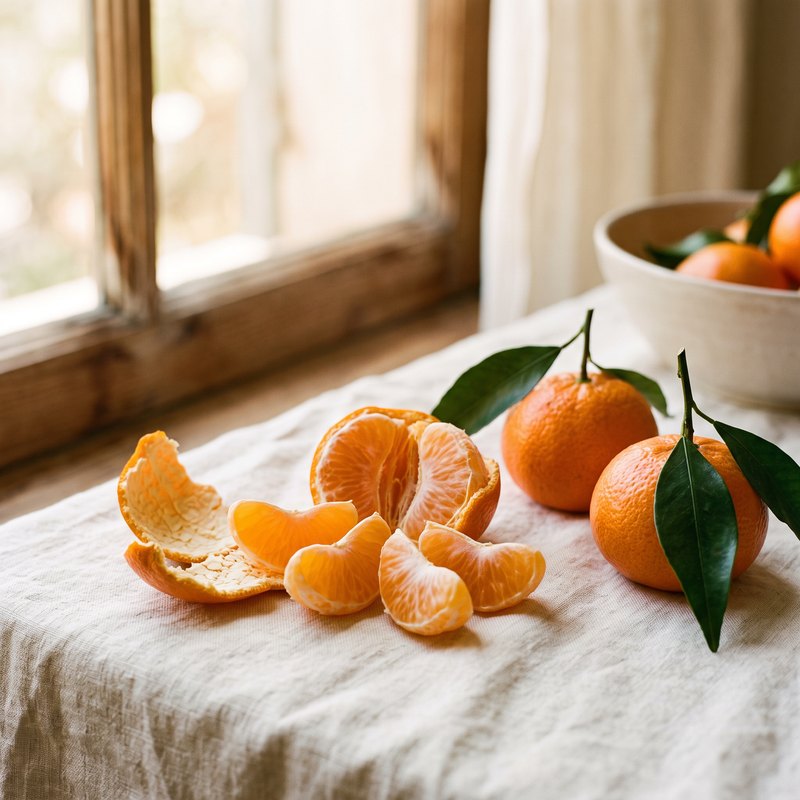 Oguljena mandarina razdijeljena na kriške na lanenom stolnjaku