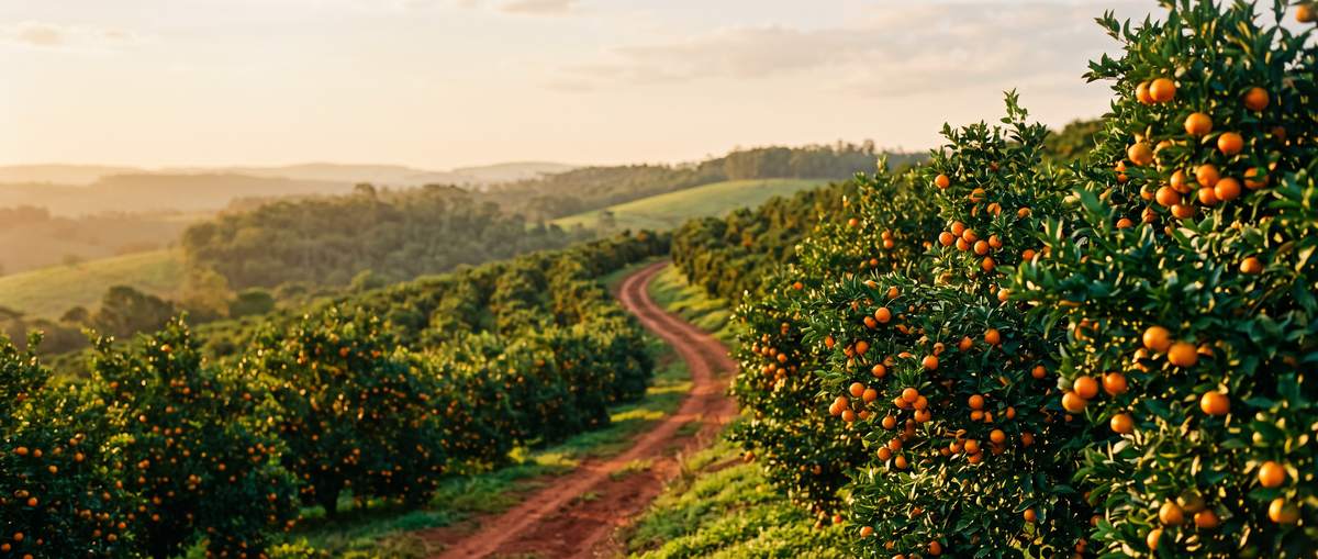 Voćnjak mandarina na zelenim brežuljcima u Brazilu u toplom popodnevnom svjetlu