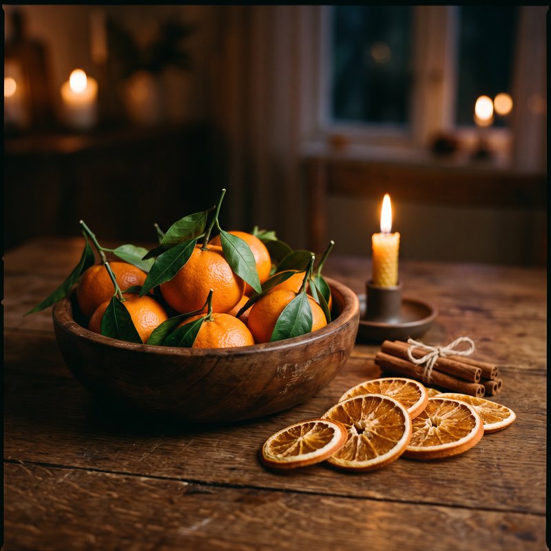 Drvena zdjela mandarina sa sušenom narančom i cimetom uz svijeću