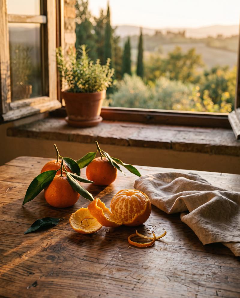 Oguljena mandarina na drvenom stolu uz otvoreni prozor