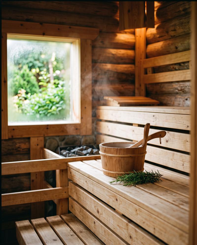 Drvena finska sauna sa svijetlim klupama, kantom i grančicom ružmarina