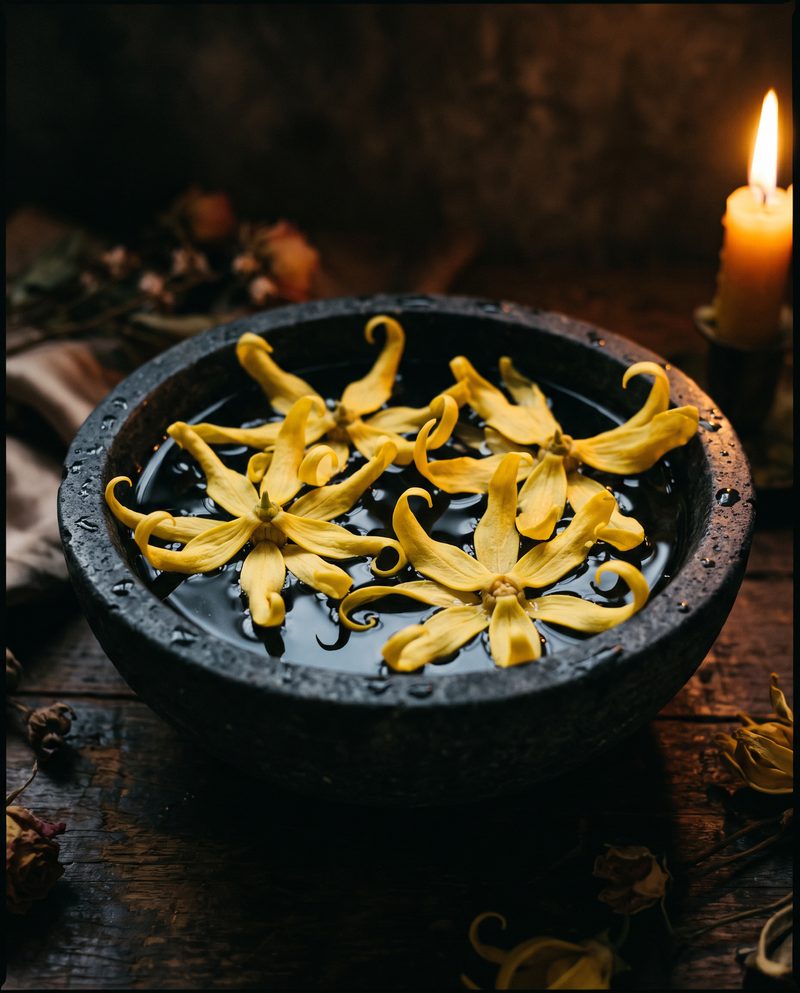 Cvjetovi ylang-ylanga na površini vode u kamenoj zdjeli uz svijeću