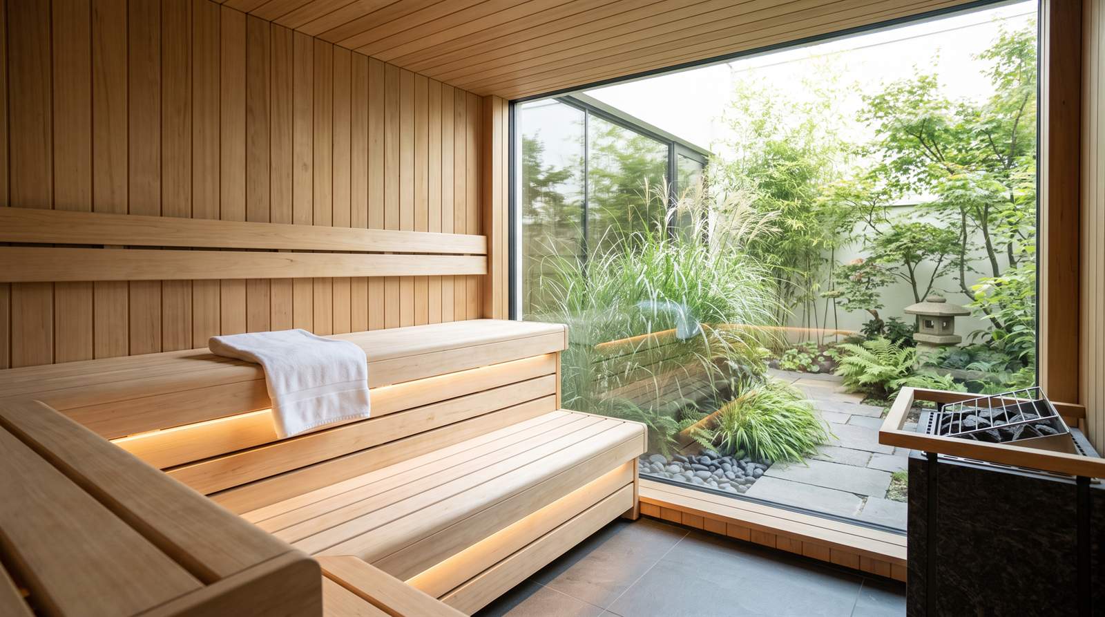 Nowoczesna hotelowa sauna ze szklaną ścianą na zielony ogród z trawami ozdobnymi, na ławce złożony ręcznik