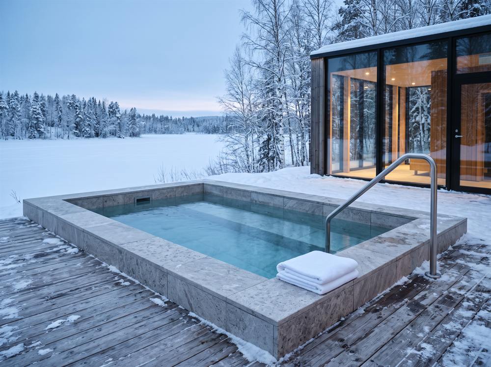 Venkovní ochlazovací bazén z kamene na zasněžené terase moderního wellness, za ním zamrzlé jezero