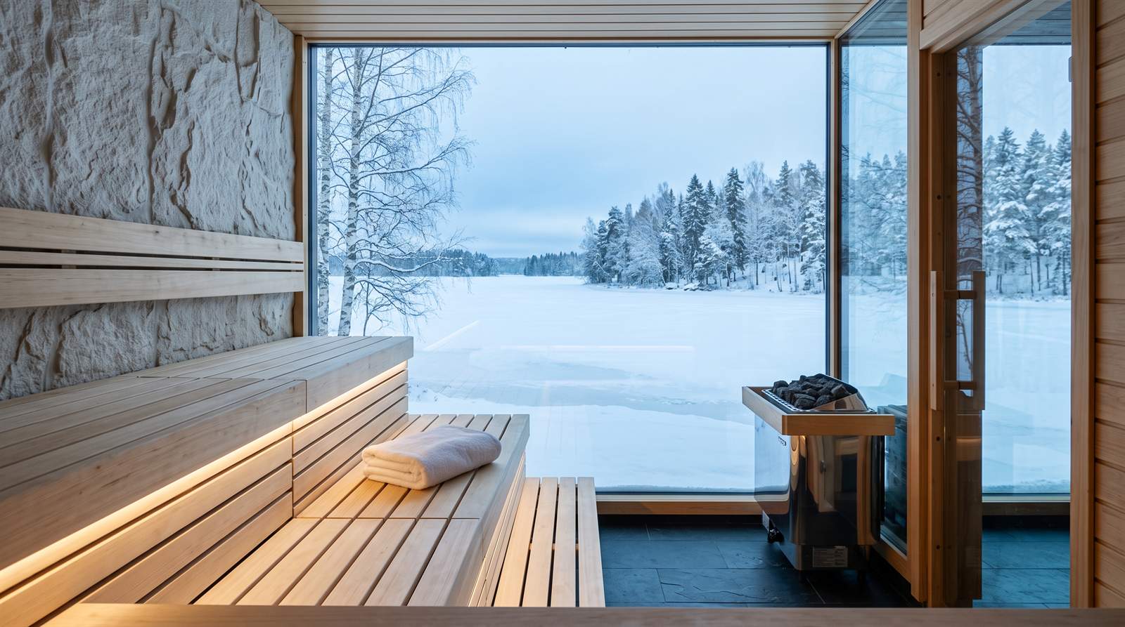 Moderní hotelová sauna se skleněnou stěnou na zamrzlé jezero a zasněžené břízy, na lavici složený ručník