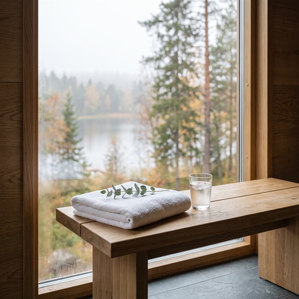 Gefaltetes weißes Handtuch mit Eukalyptuszweig und ein Glas Wasser am Fenster mit Blick auf Herbstwald und See