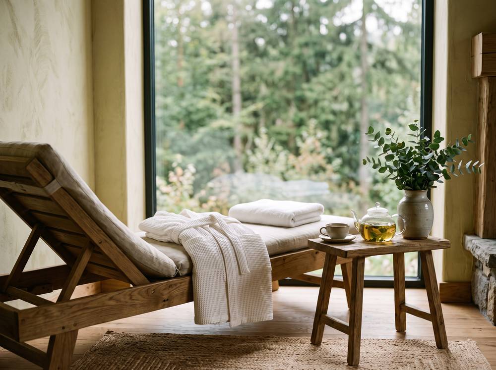 Ruheraum eines Hotel-Wellnessbereichs mit Liege, Bademantel und Tee