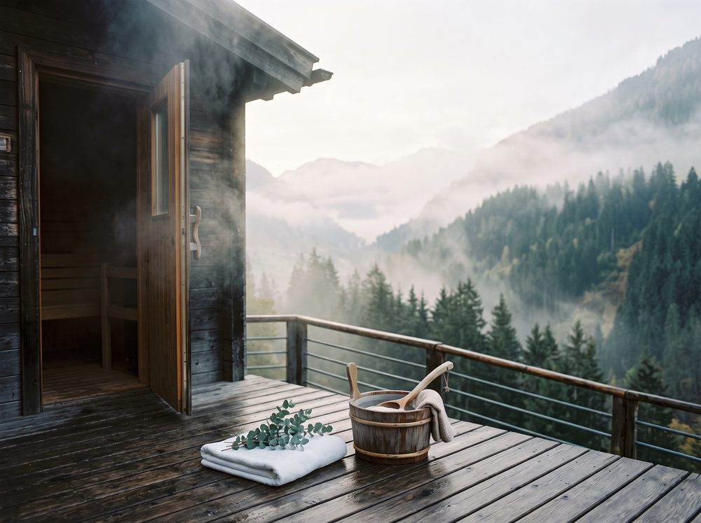 Holzterrasse vor der Sauna an einem nebligen Bergmorgen mit Handtuch und Eukalyptuszweig