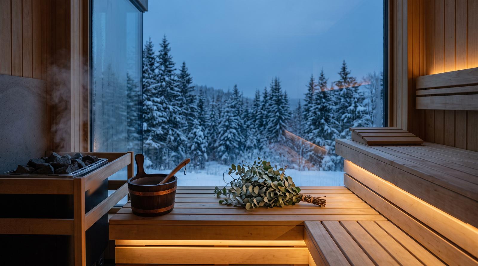 Finnische Sauna mit einem Bund Eukalyptus auf der Bank und Dampf über den Steinen, hinter dem Fenster ein verschneiter Wald