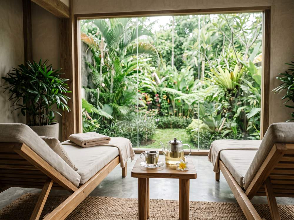 Hotel wellness pihenője nyugágyakkal a trópusi kertre néző panorámaablaknál, üvegkanna tea és egy frangipanivirág