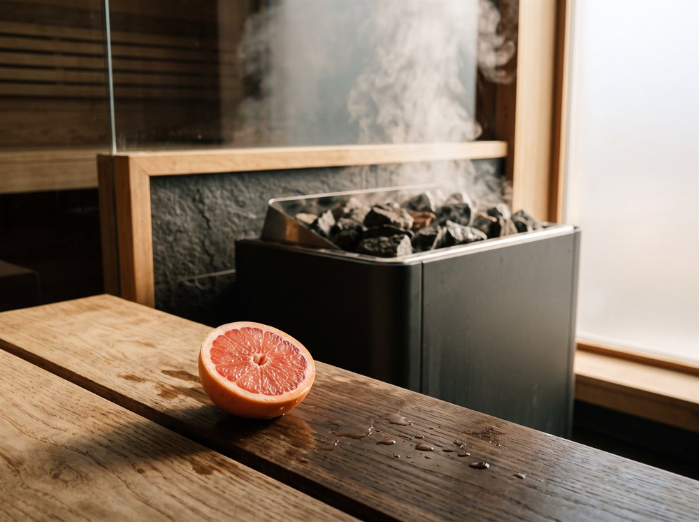 Moderní saunová kamna a pára, na lavici volně položená rozkrojená polovina růžového grapefruitu