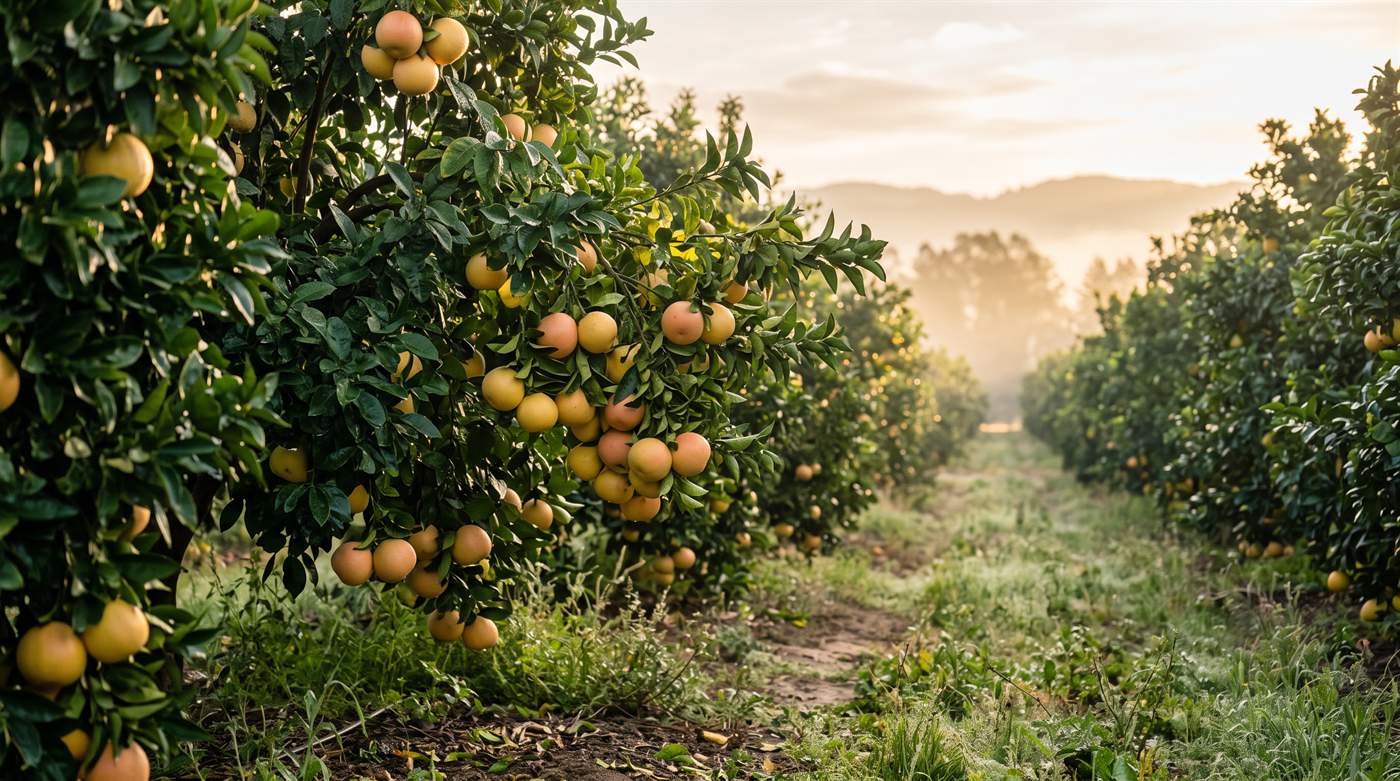 Grapefruitovníky s dozrávajícími plody v ranním světle