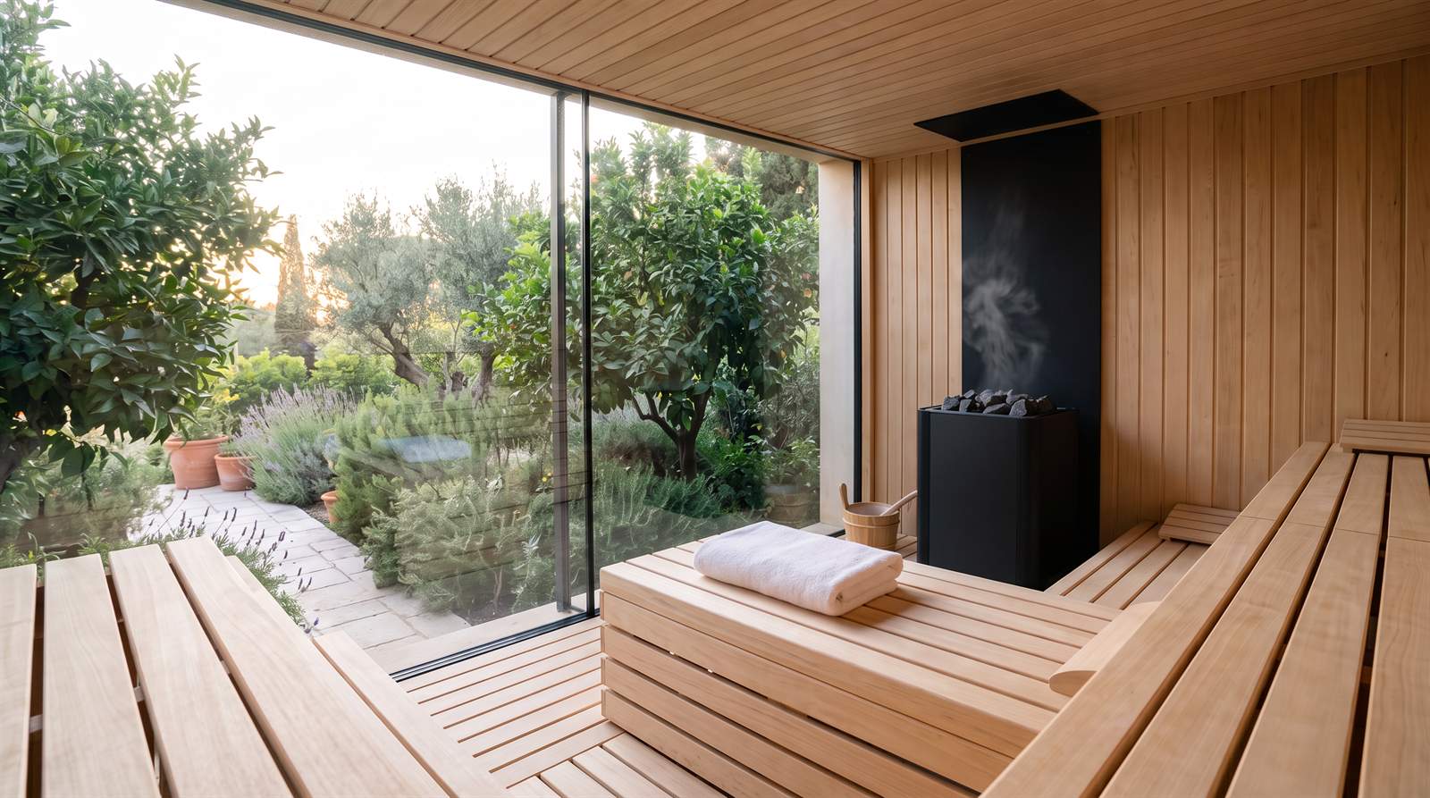 Moderní hotelová sauna se skleněnou stěnou do ranní zahrady s citrusovníky, na lavici složený bílý ručník