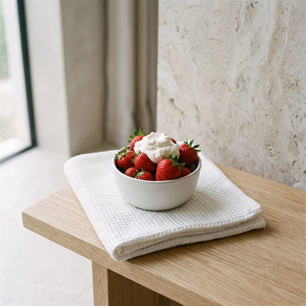 Weiße Schale mit frischen Erdbeeren und Sahne auf einem gefalteten weißen Handtuch in einem modernen Wellnessbereich