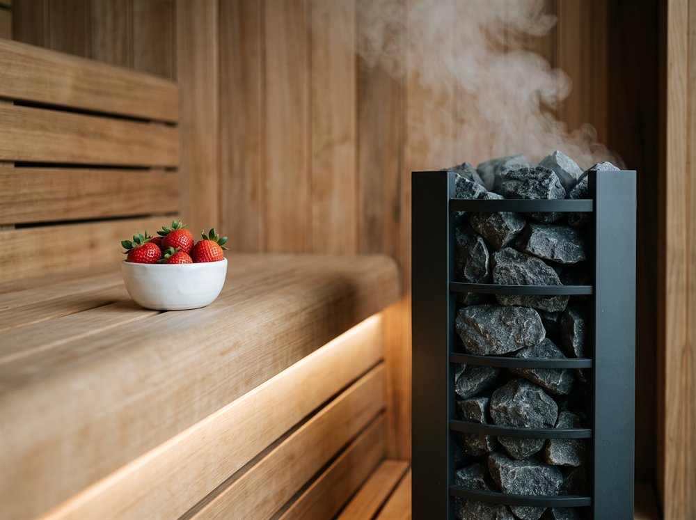 Moderner Saunaofen mit Steinen und Dampf, auf der beleuchteten Bank eine weiße Schale mit frischen Erdbeeren