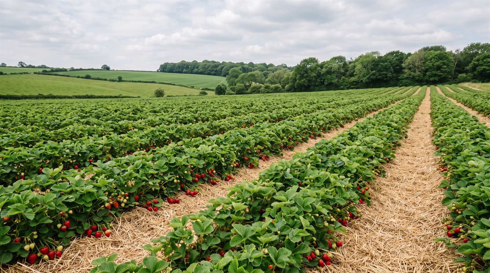 Erdbeerfeld mit reifen Früchten und Stroh zwischen den Reihen, in der Ferne grüne Hügel