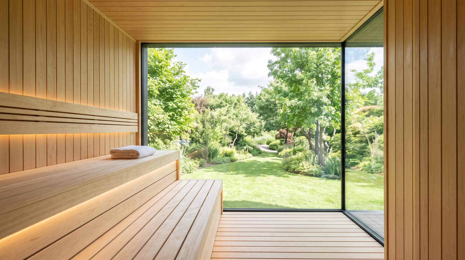 Moderne Hotelsauna mit Glaswand zu einem grünen Sommergarten, auf der Bank ein gefaltetes Handtuch