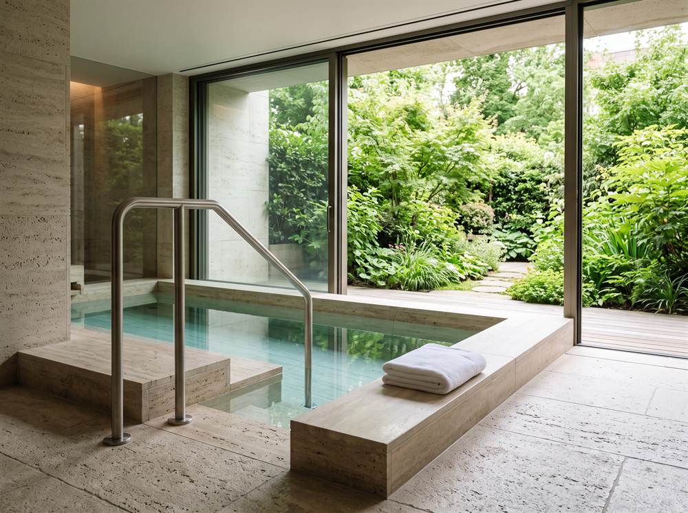 Tauchbecken aus Naturstein in einem modernen Hotel-Wellnessbereich, geöffnete Glaswand zum grünen Garten und ein Handtuch