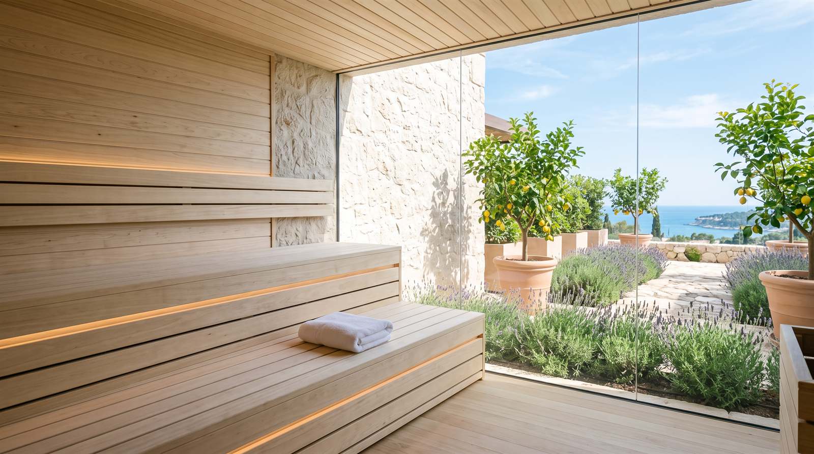 Modern hotelszauna üvegfallal egy napfényes mediterrán kertre citromfákkal és levendulával, a padon összehajtott törölköző