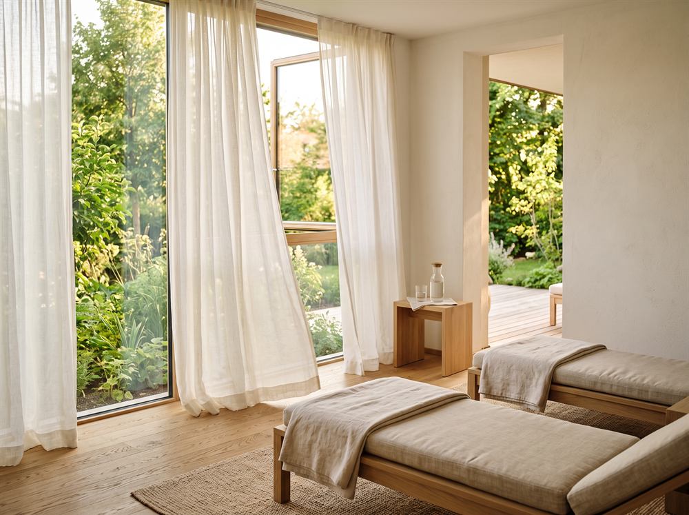 Ruheraum eines Hotel-Wellnessbereichs im Abendlicht mit Liegen, Leinendecke und einer Karaffe Wasser auf dem Tischchen