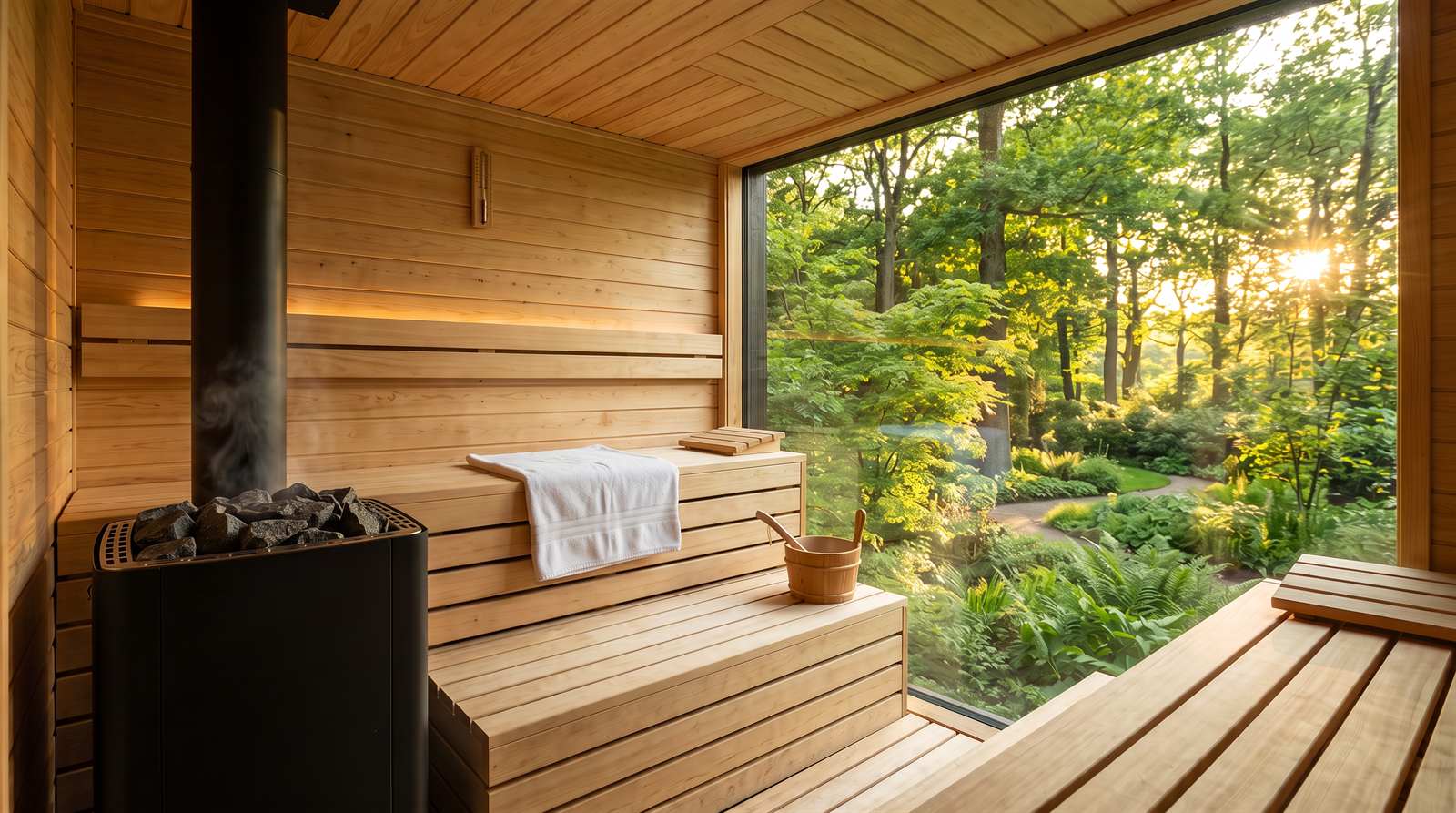 Moderne Hotelsauna mit Glaswand zu einem Sommergarten in der Abendsonne, auf der Bank ein gefaltetes Handtuch