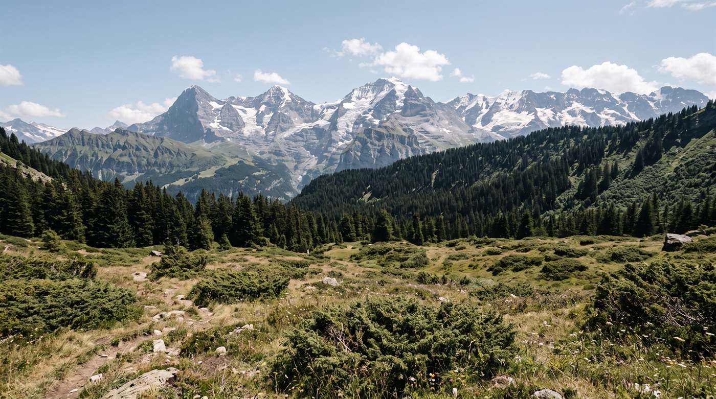 Alpská louka s jalovcem a bylinkami, za ní jedlový les a zasněžené štíty Švýcarska