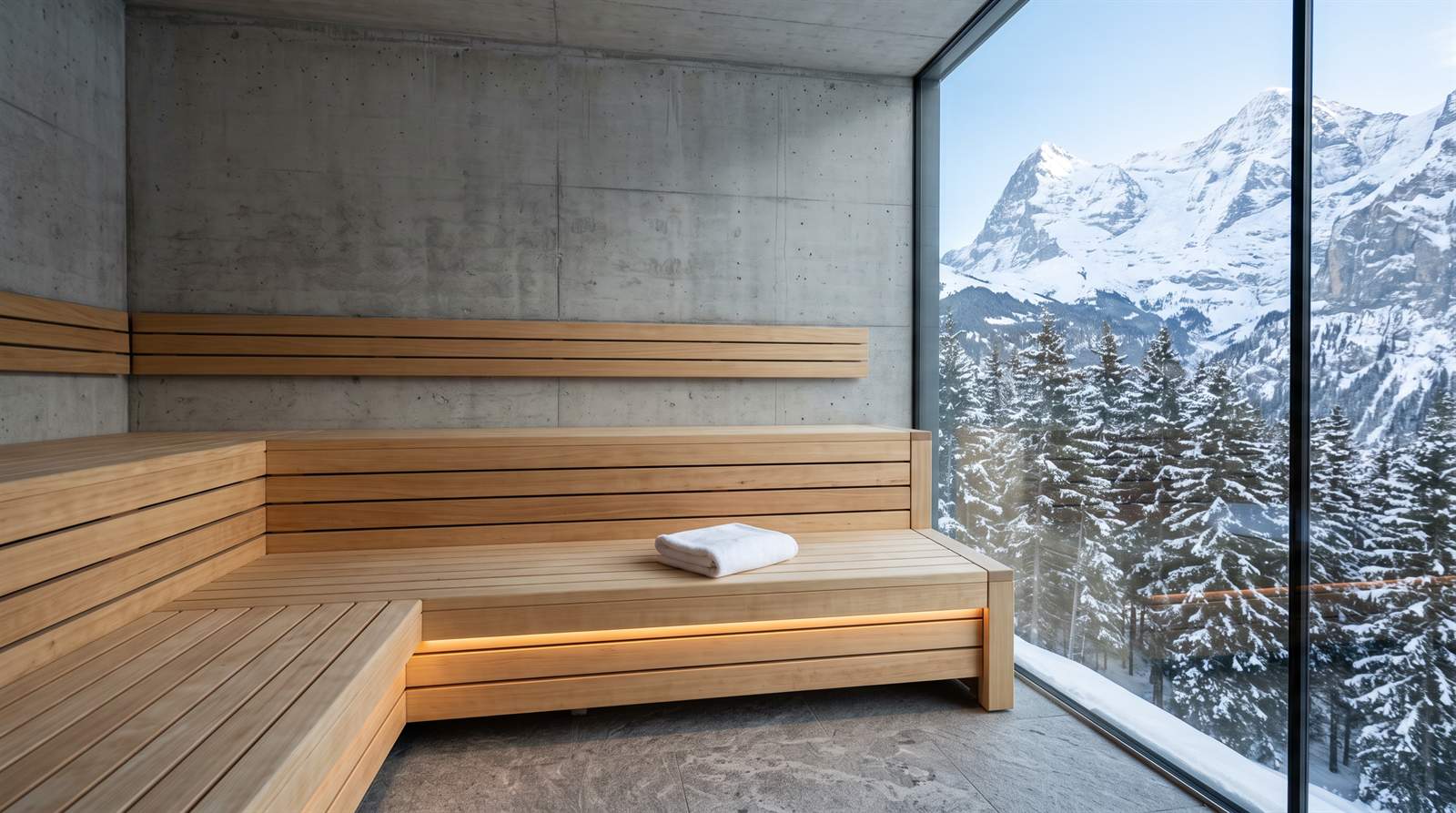 Moderní hotelová sauna v Alpách s betonovou stěnou a skleněnou stěnou do zasněžených štítů, na lavici složený ručník