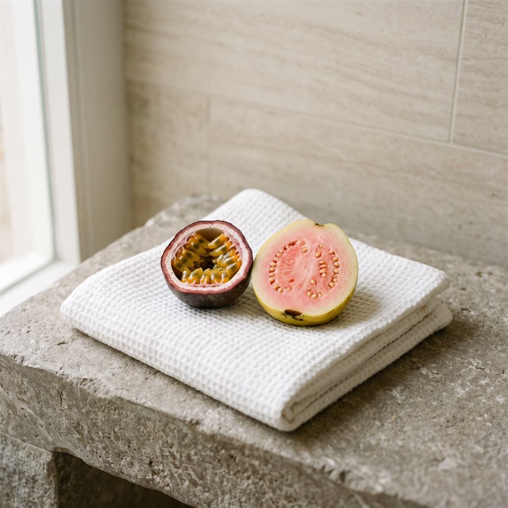 Rozpůlená marakuja a guava na složeném bílém ručníku na kamenné lavici