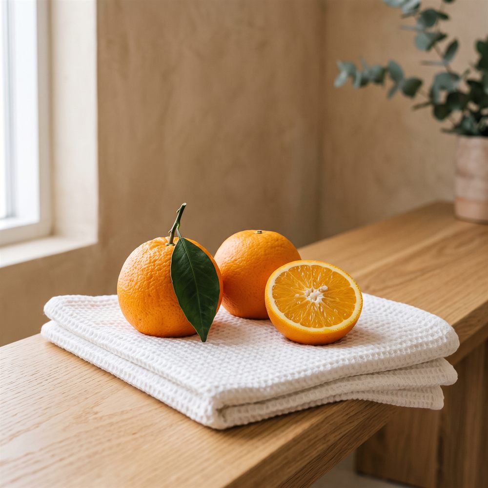 Pomeranče s lístky a rozkrojená polovina na složeném bílém ručníku v moderním wellness