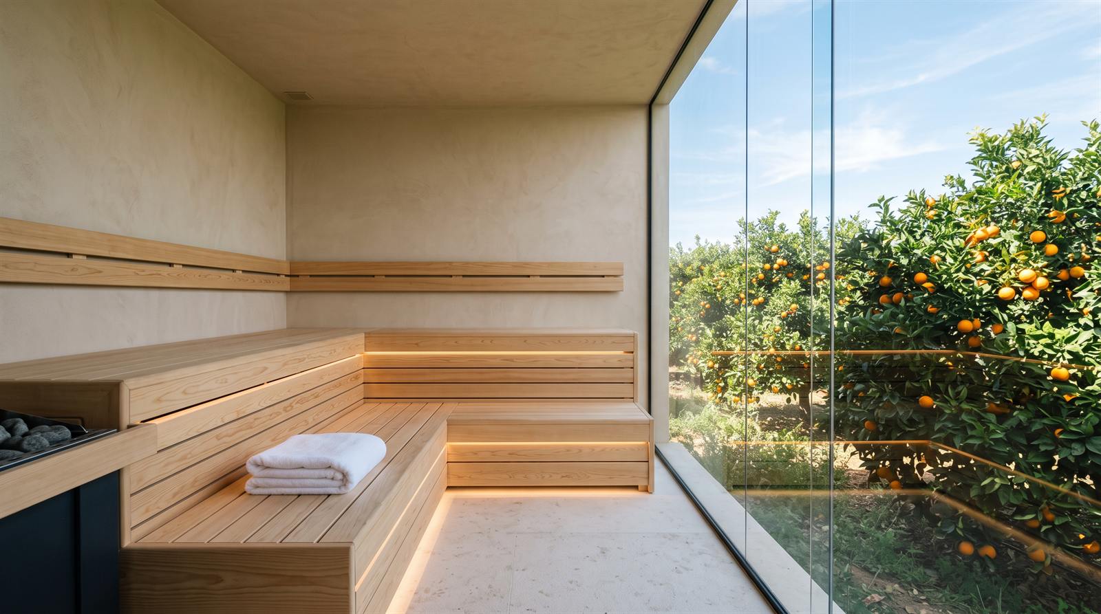 Moderní hotelová sauna se skleněnou stěnou do slunného pomerančového sadu, na lavici složený ručník
