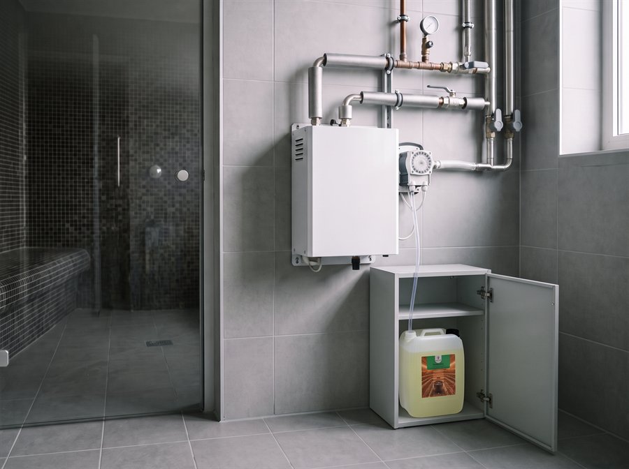Gőzgenerátor adagolószivattyúval, a cső egy nyitott szekrényben álló GAIA SPA 5 literes kannába vezet