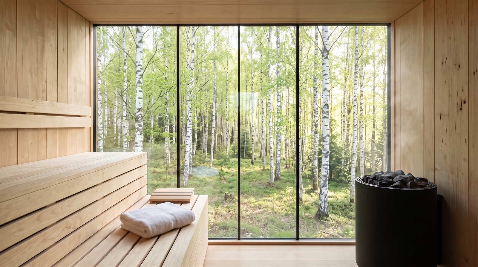 Nowoczesna skandynawska hotelowa sauna ze szklaną ścianą na las brzozowy, na ławce złożony biały ręcznik