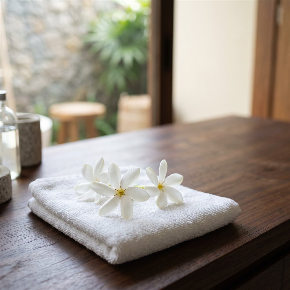 Několik bílých květů tiaré na složeném bílém ručníku v moderním wellness