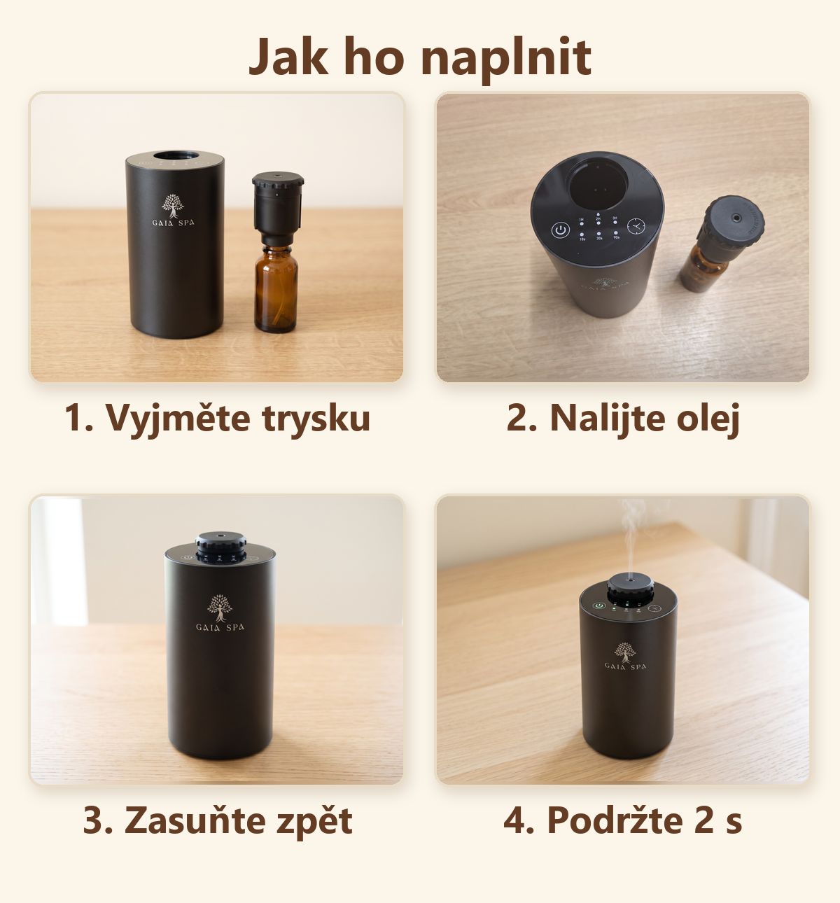 Jak naplnit difuzér GAIA SPA AURA – čtyři kroky