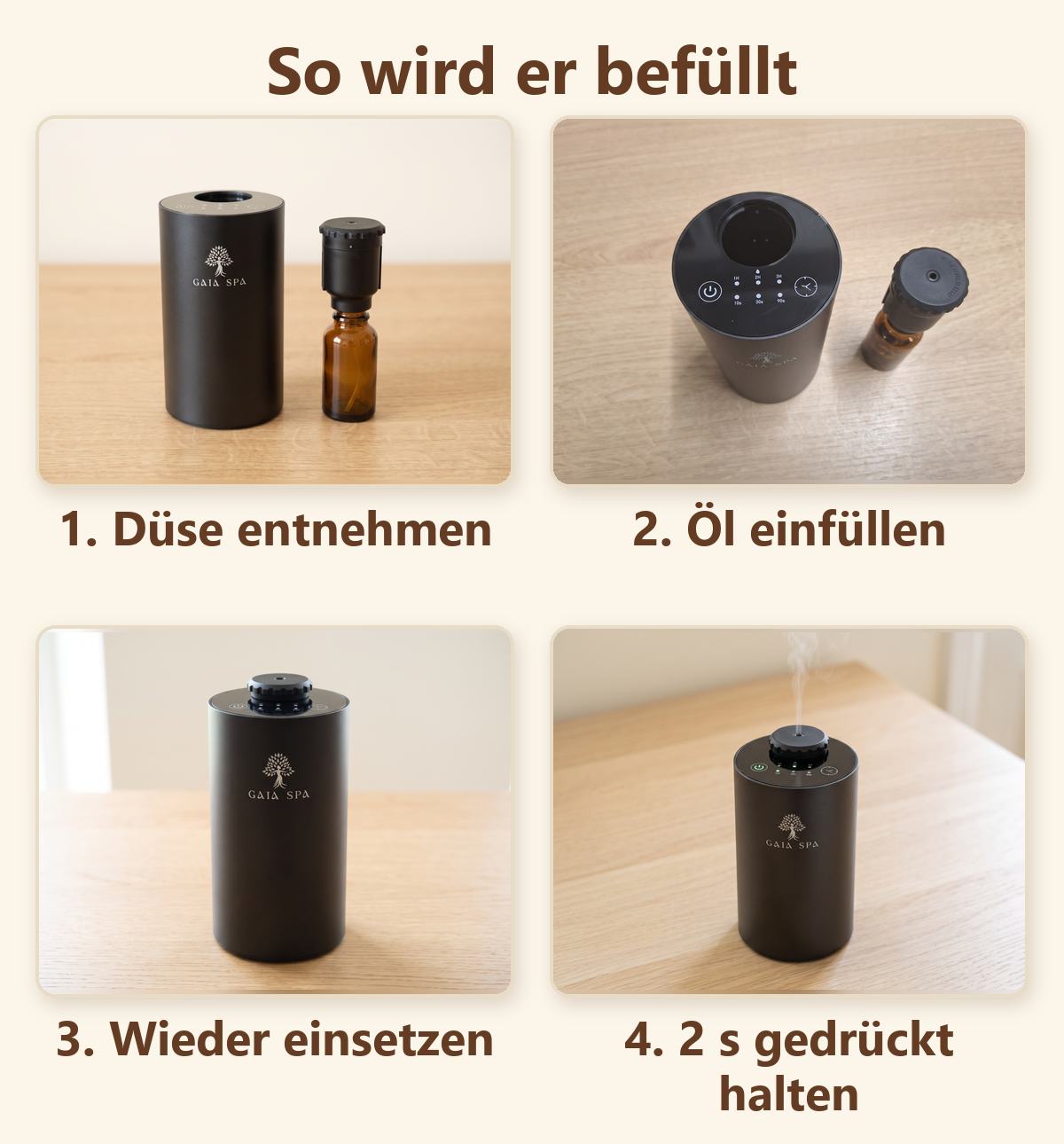 So befüllen Sie den Diffusor GAIA SPA AURA – vier Schritte