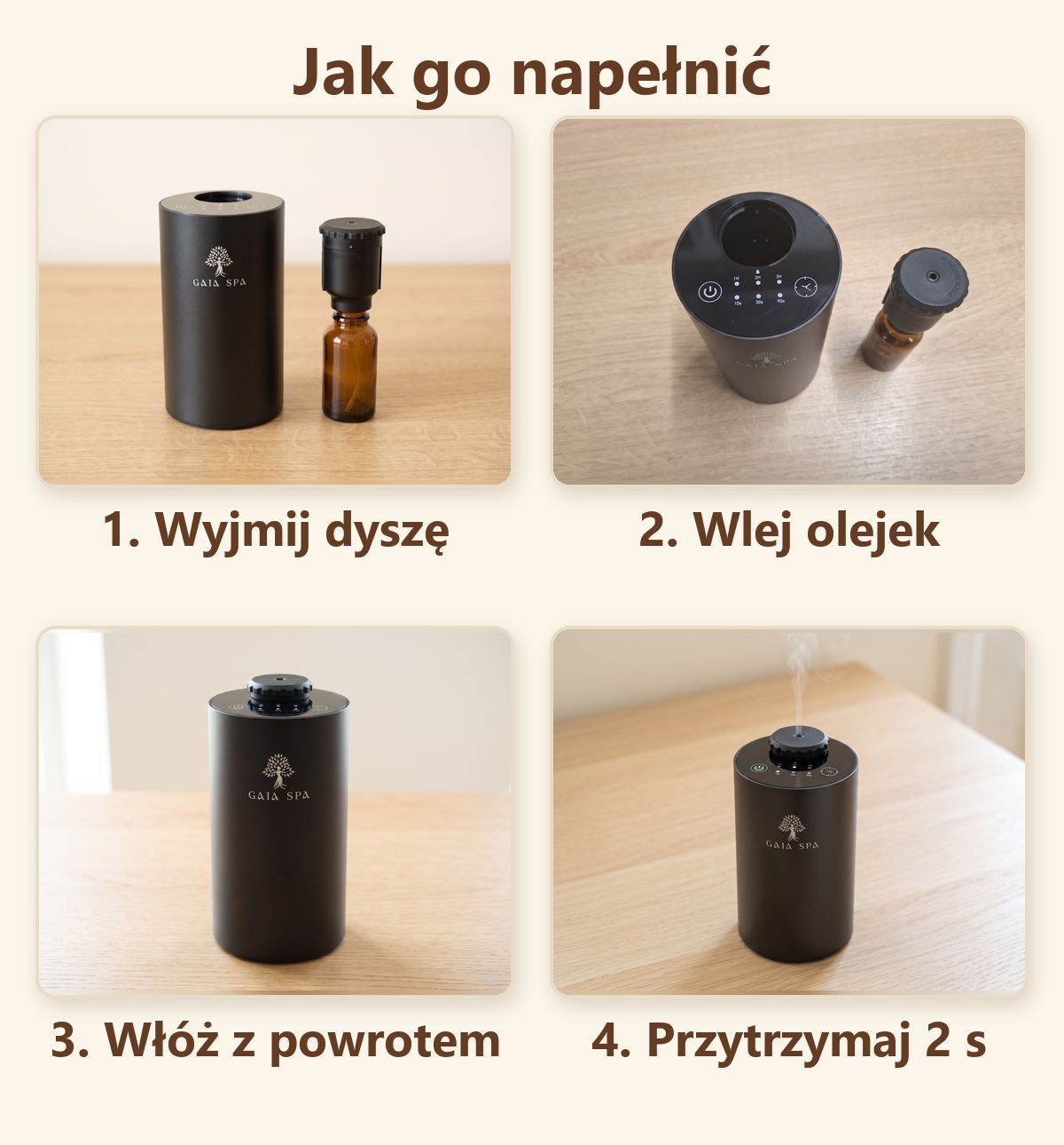 Jak napełnić dyfuzor GAIA SPA AURA – cztery kroki
