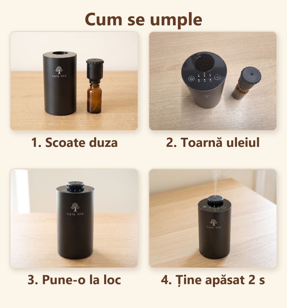 Cum se umple difuzorul GAIA SPA AURA – patru pași