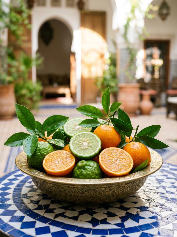 Bergamote i mandarine u mjedenoj zdjeli na marokanskom mozaiku