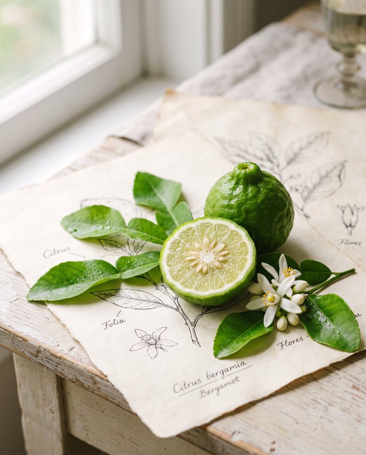 Prerezan zeleni bergamot s cvjetovima citrusa