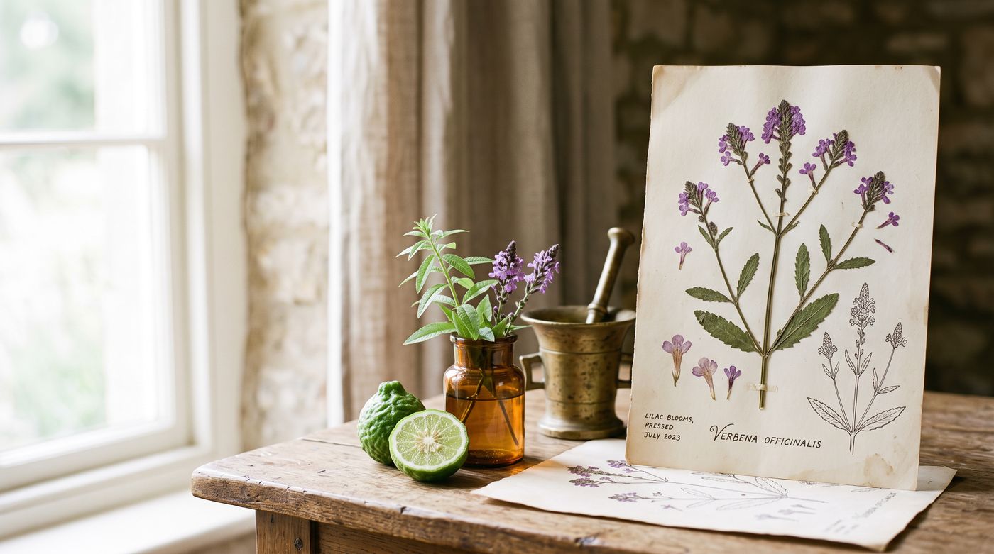 Verbena, bergamot i stare ljekarničke posude na papiru herbarija