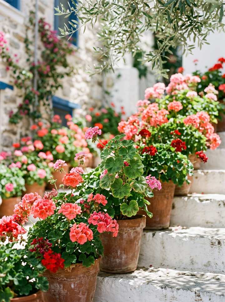 Pelargonije u cvatu u terakotnim posudama na bijelim stepenicama