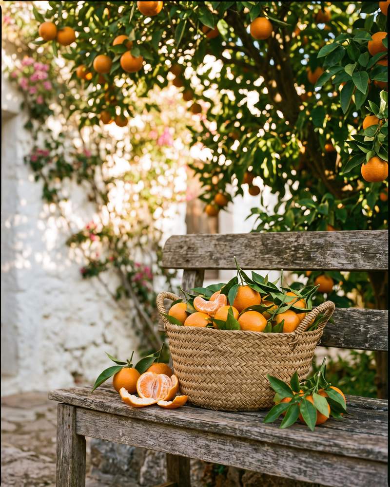 Košara sočnih mandarina na drvenoj klupi pod stablom mandarine