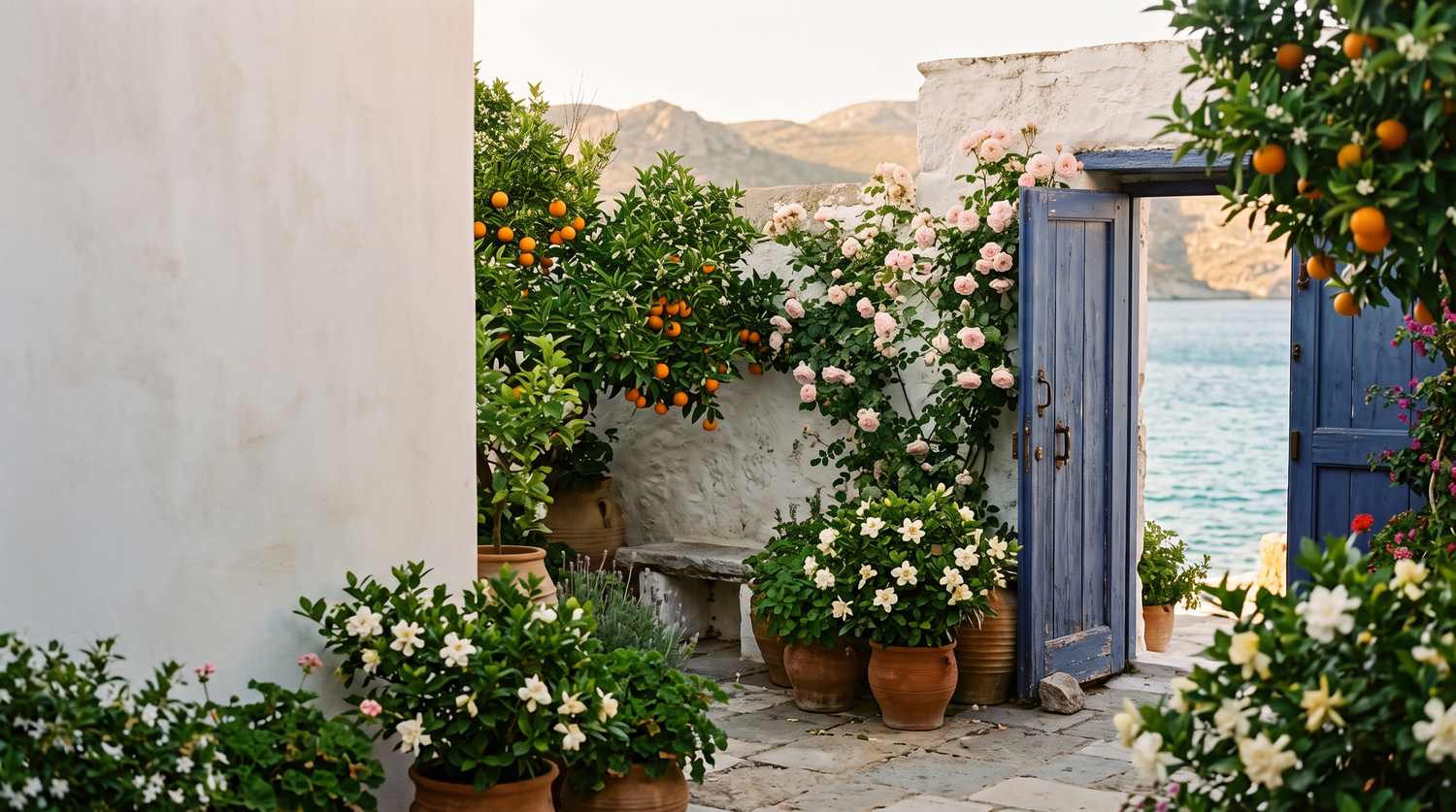 Mediteranski vrt s narančama, ružama i gardenijama uz more