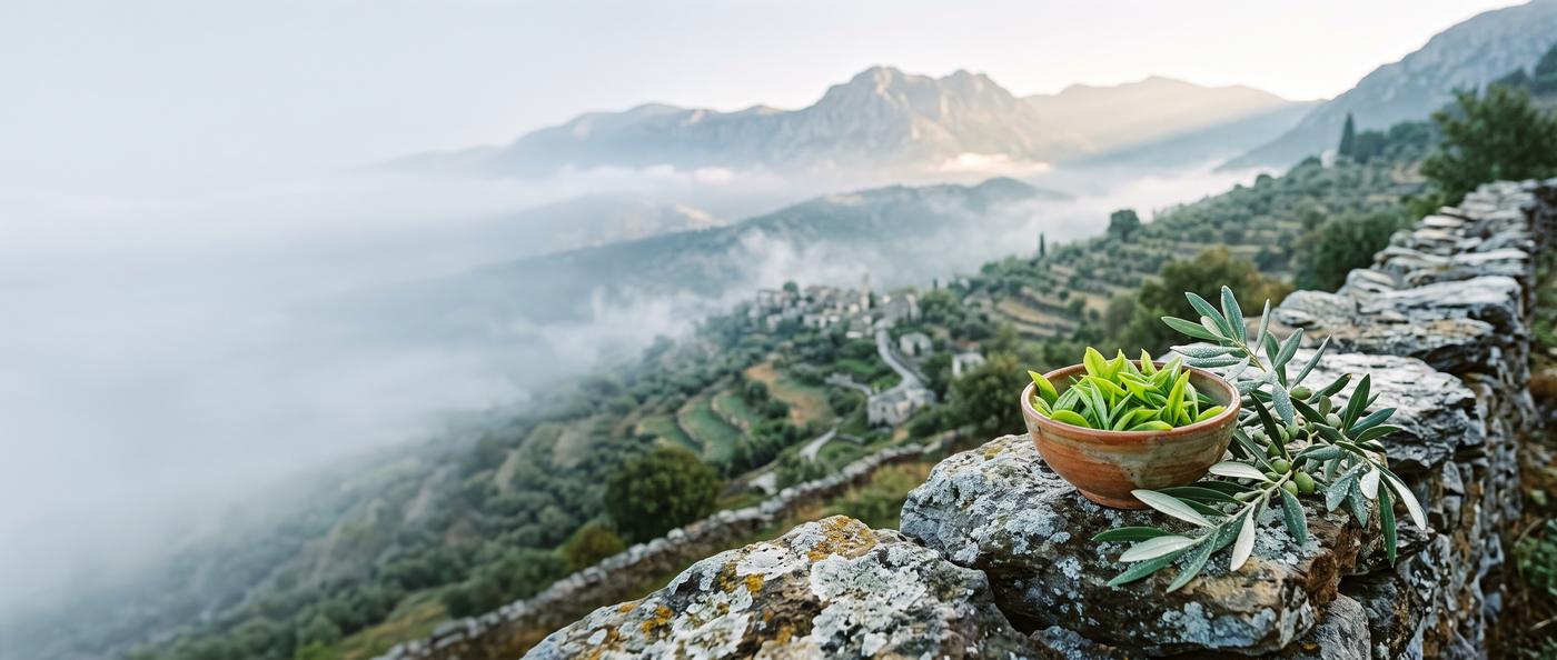 Listići zelenog čaja na kamenom zidu u grčkim planinama