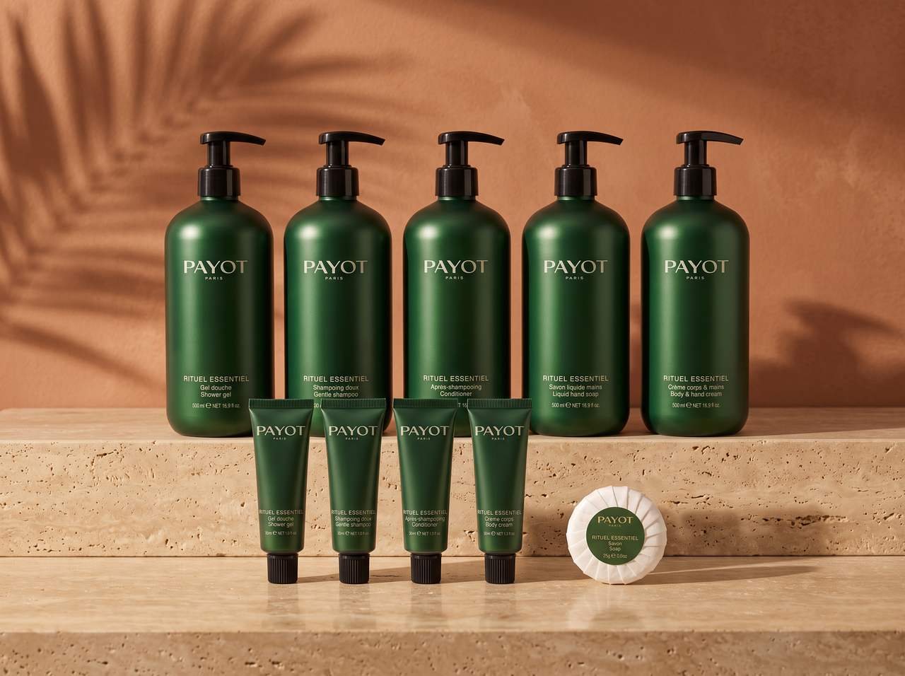 Celá rada PAYOT Rituel Essentiel: päť fliaš 500 ml, štyri tuby 30 ml a mydlo 25 g