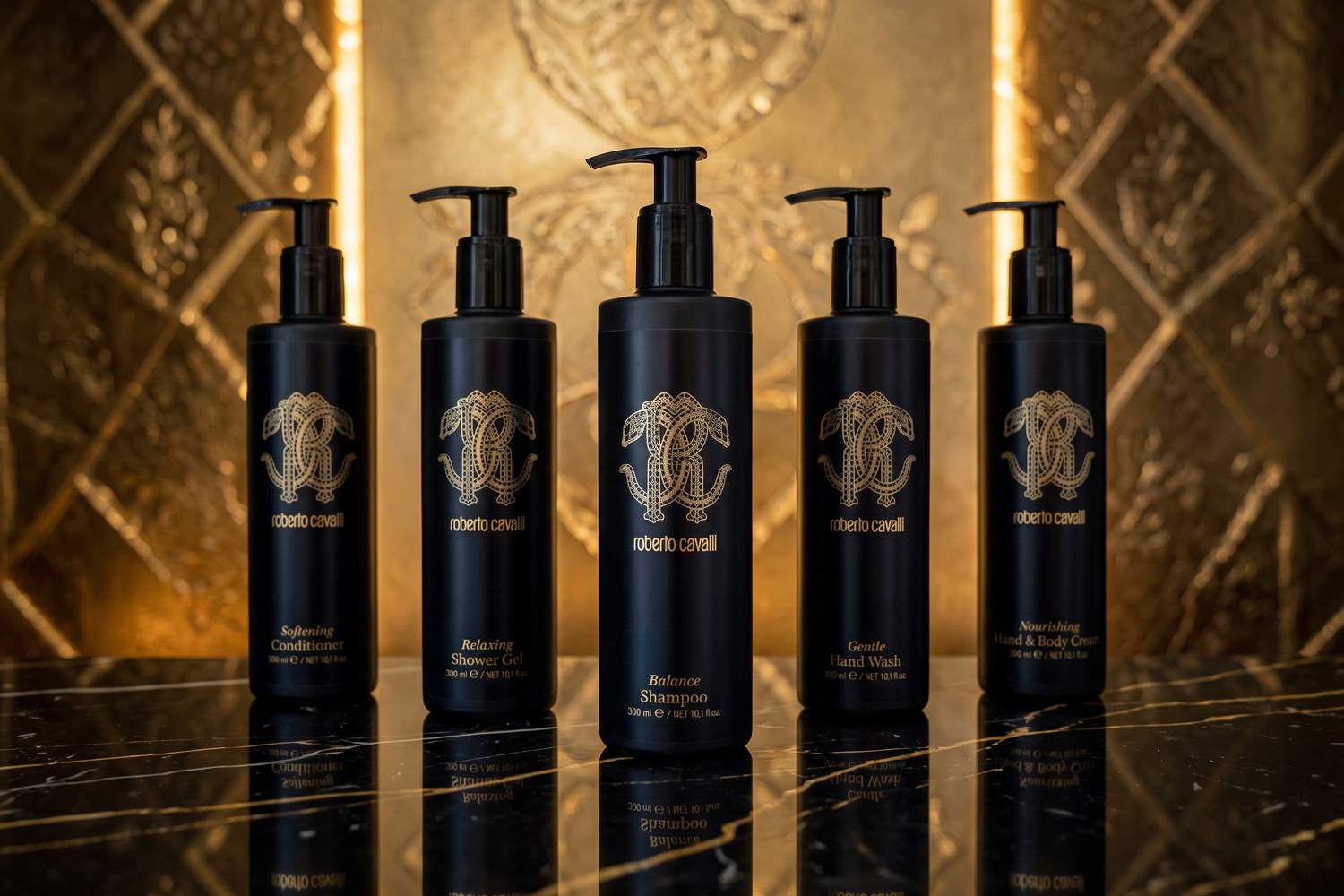 Balsam, gel de duș, șampon, săpun lichid și cremă ROBERTO CAVALLI Mirror Snake 300 ml