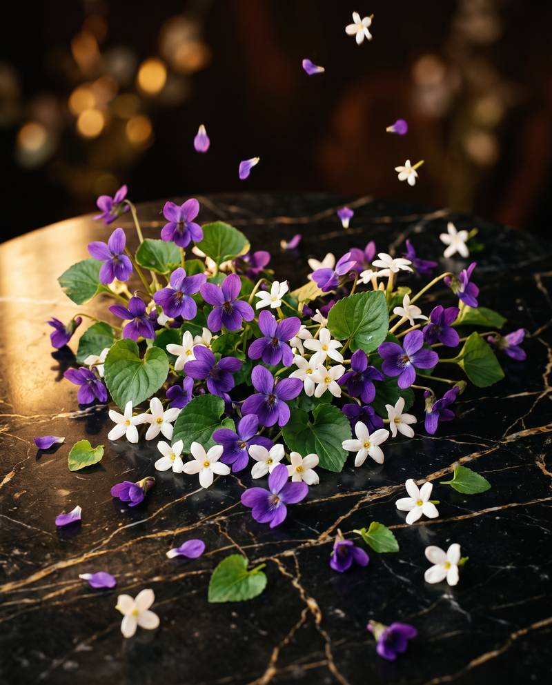 Violete și flori de iasomie pe marmură neagră